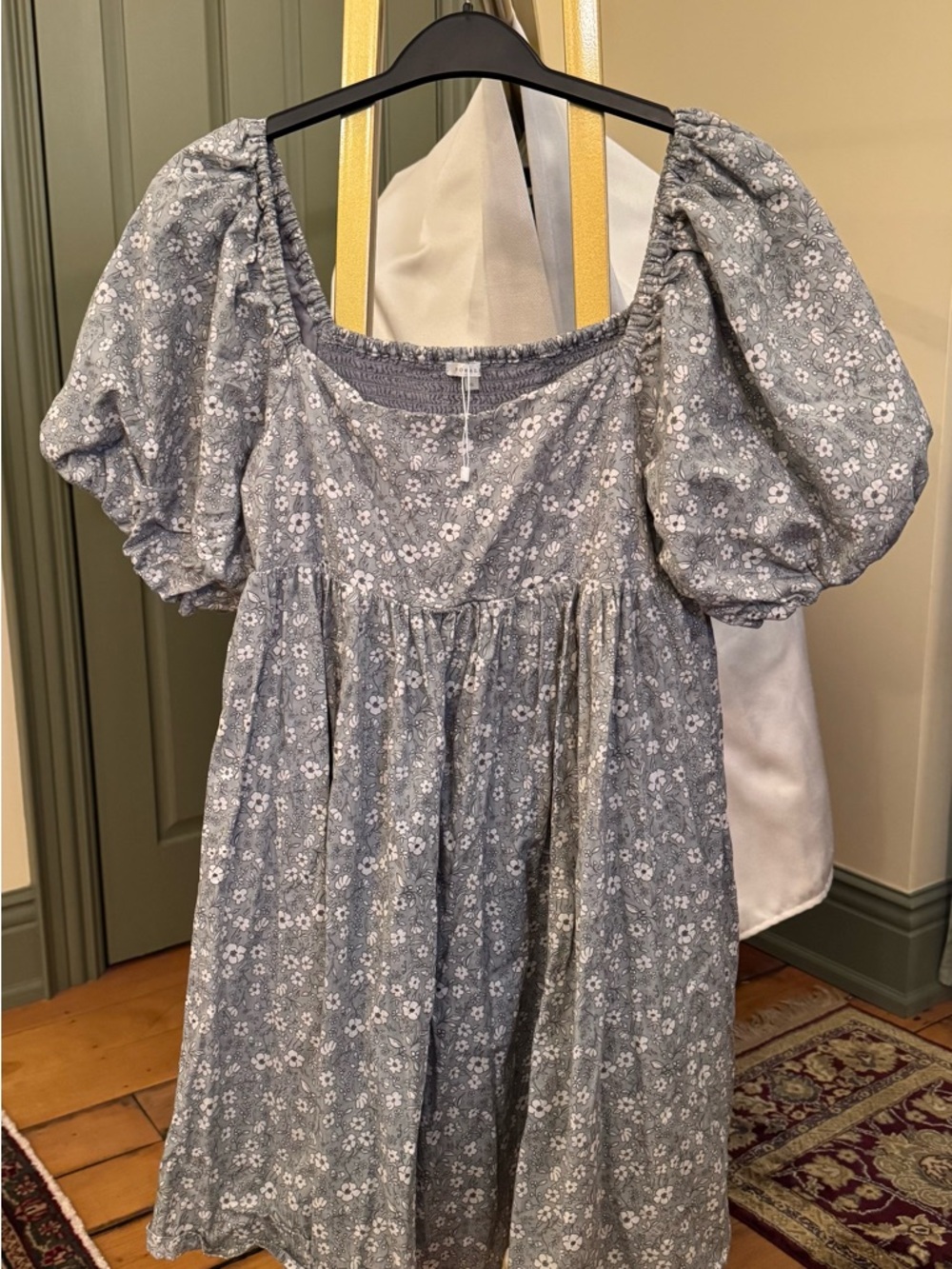 Smocked Puff-Sleeve Mini Dress in Light Blue Floral